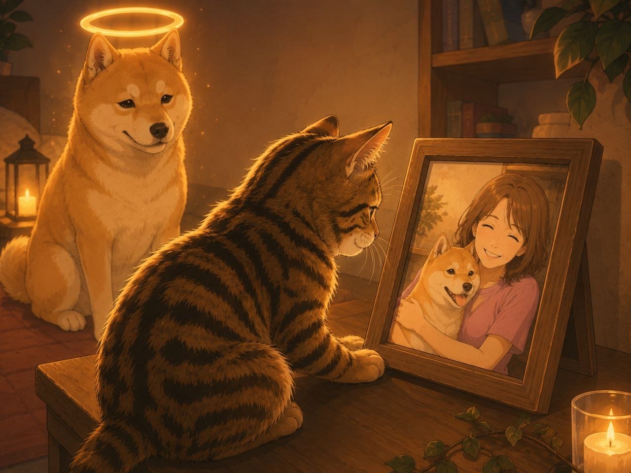The cat looking at a framed photo of the mother and the guardian, lit by candlelight