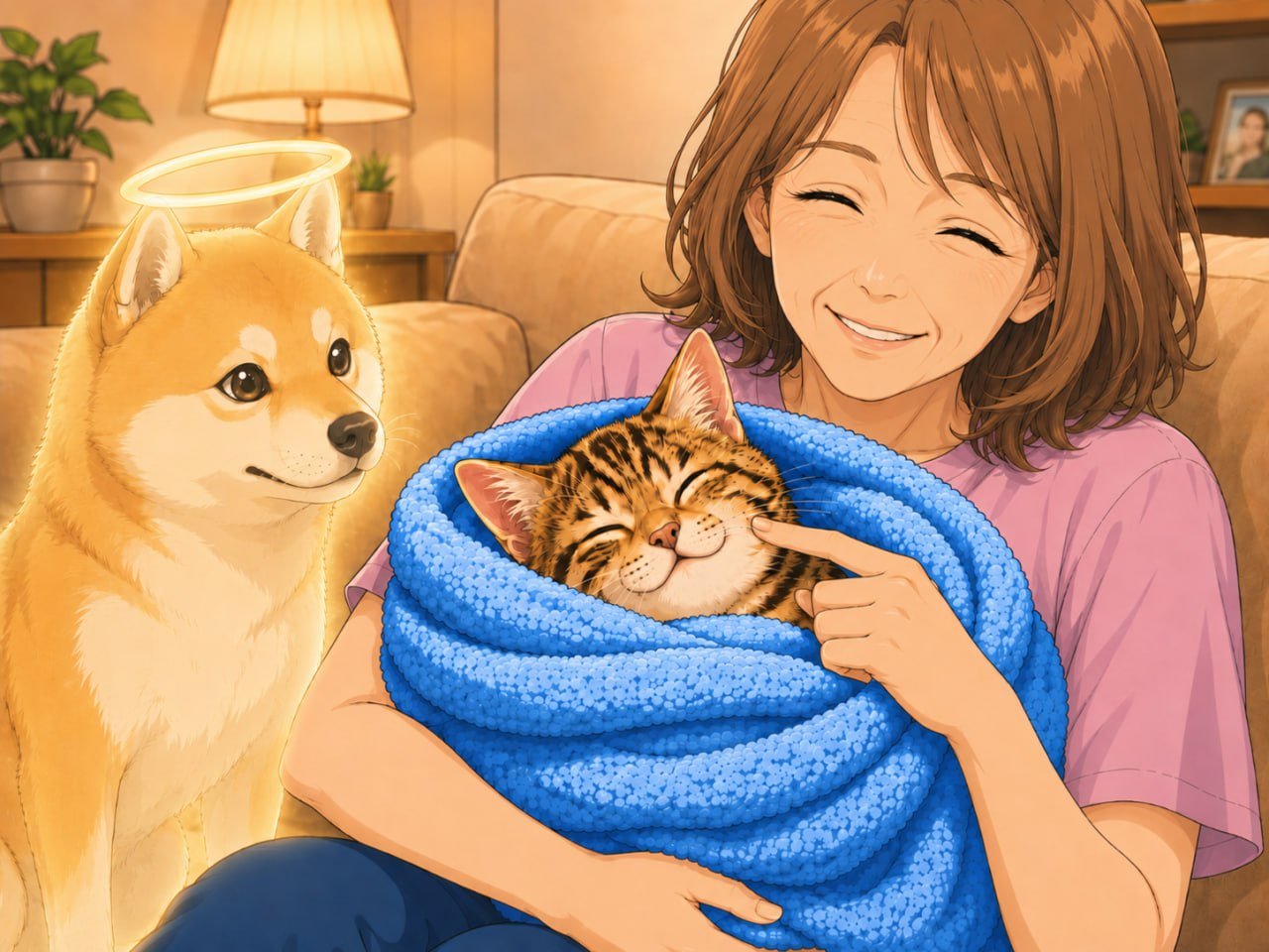 The mother holding the kitten in a blue blanket, with the golden guardian dog beside them