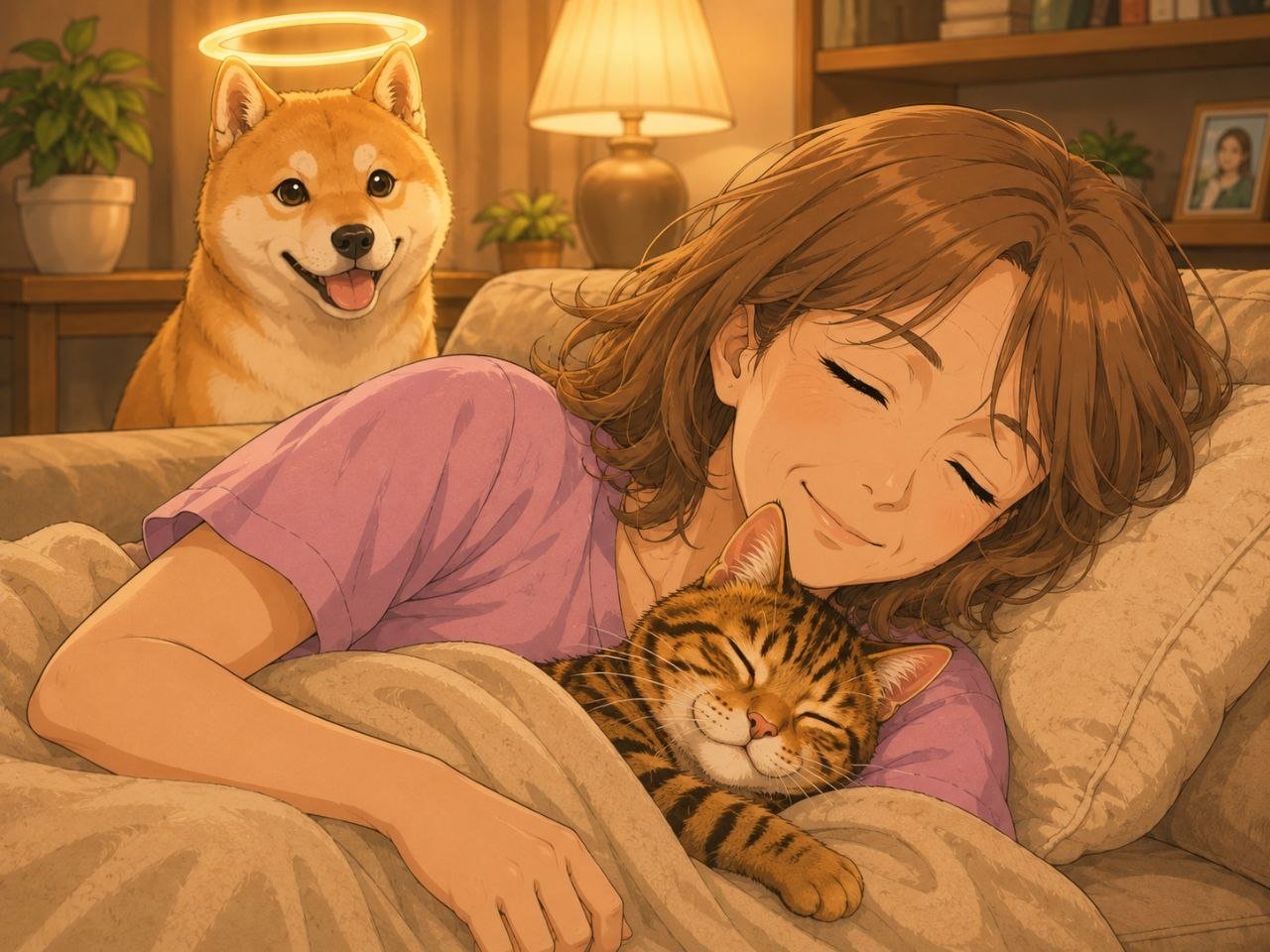 The loving mother cuddling the kitten, the guardian dog watching nearby